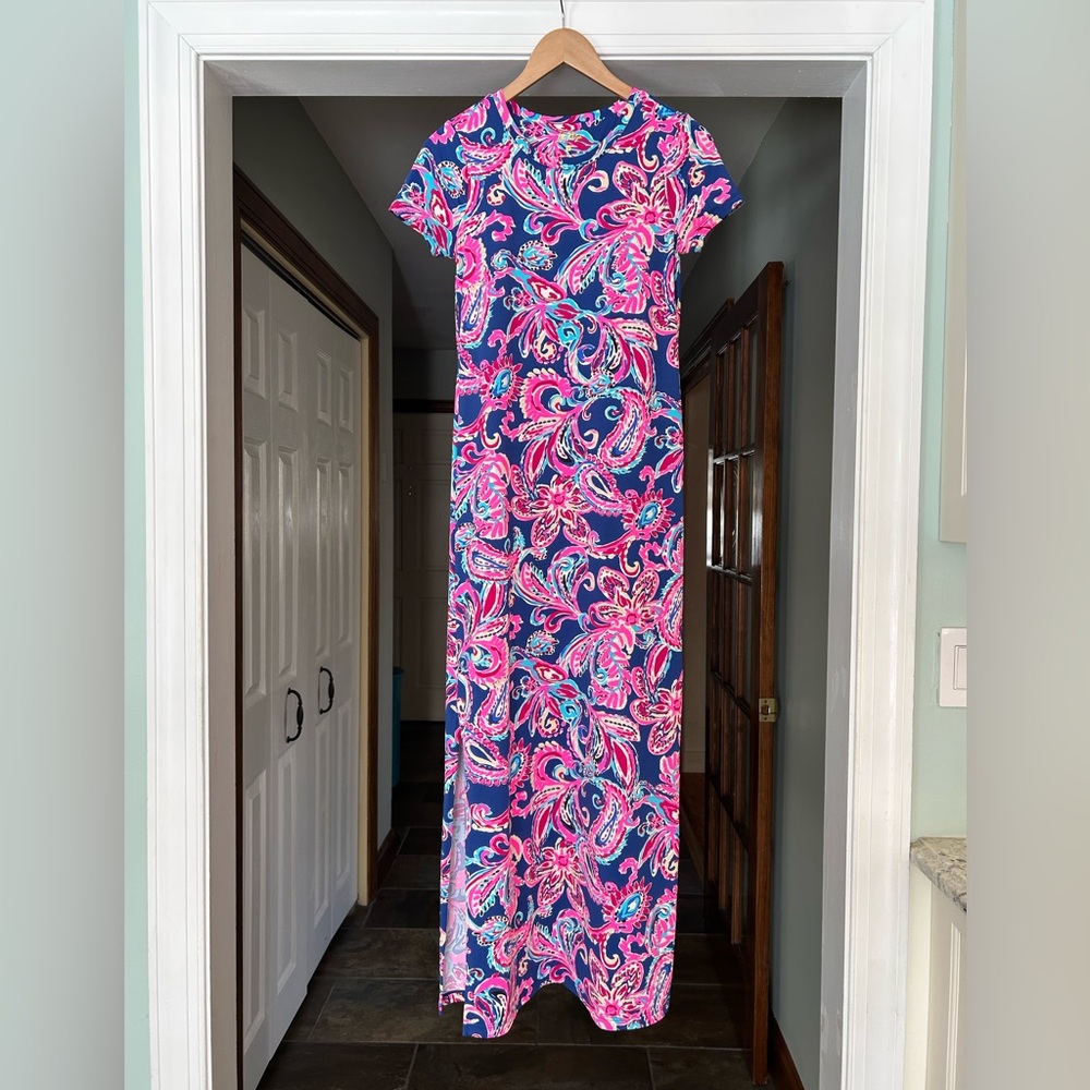 Lilly Pulitzer Nylon Short Sleeveeve Round Neck Maxi Dress Sz S Colorful Print